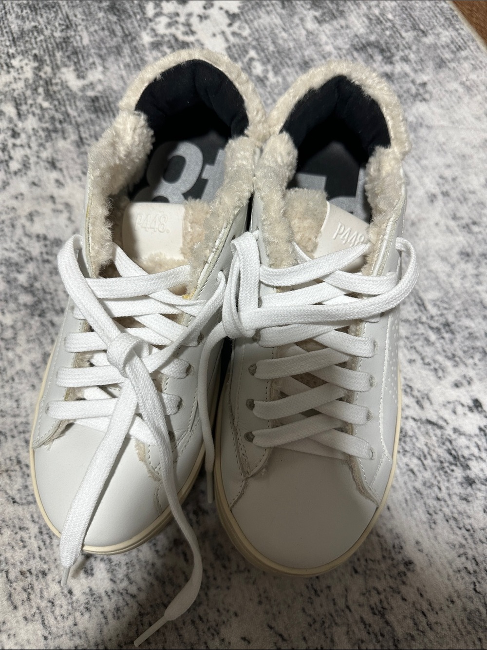 P448 Women's White Leather Sneakers with Cream Shearling Trim